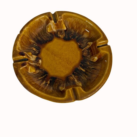 MCM Retro 60s Ashtray USA Pottery Drip Glazed VTG Mustard Yellow Brown Grooves - Picture 10 of 12